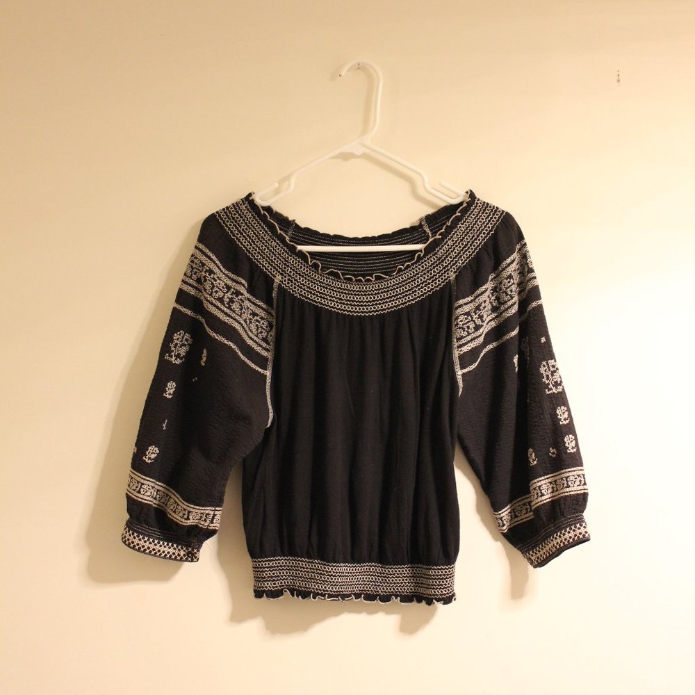 Free People Black Embroidered Peasant Top XS